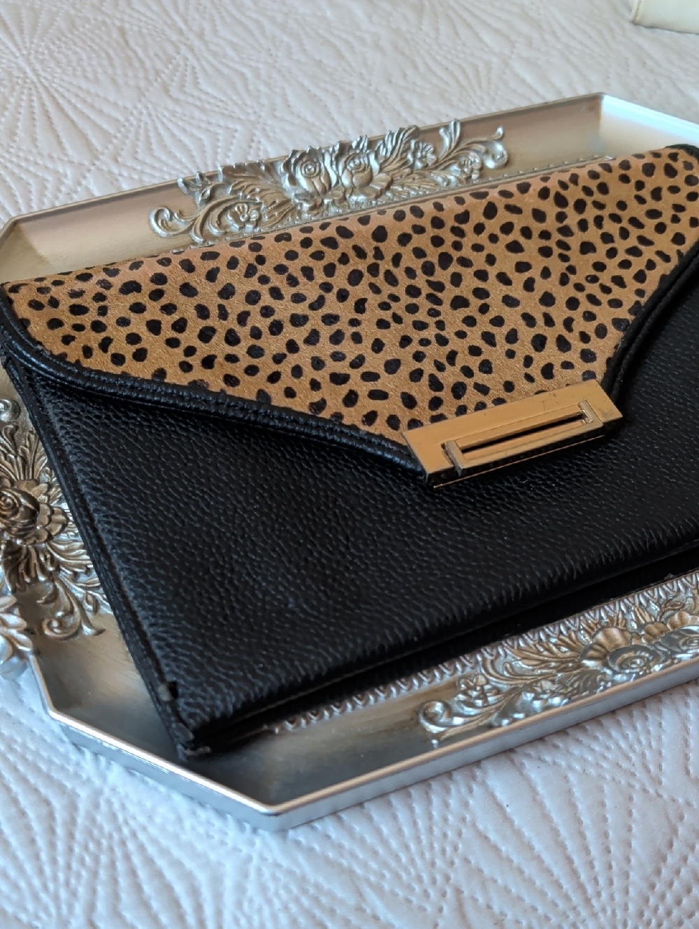 Leopard Print Fold-Over Clutch in Black and Tan